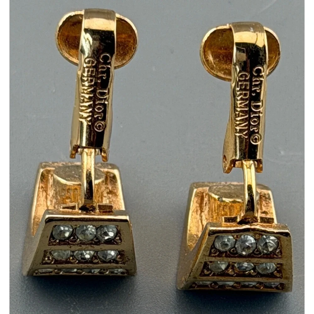 Vintage Christian Dior Germany Earrings Rhinestone Half Hoop Clip Gold Tone 5/8